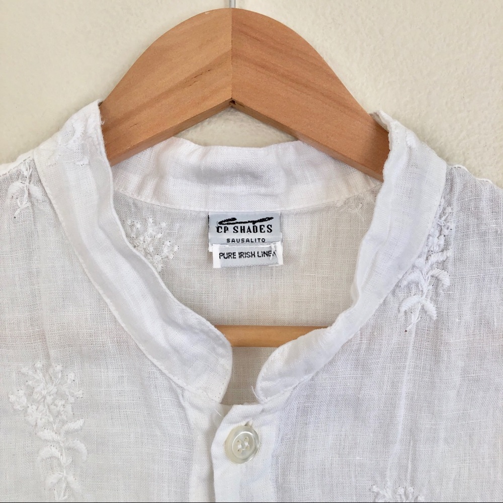 {CP Shades} Embroidered Mandarin Collar Linen Top - Picture 4 of 5